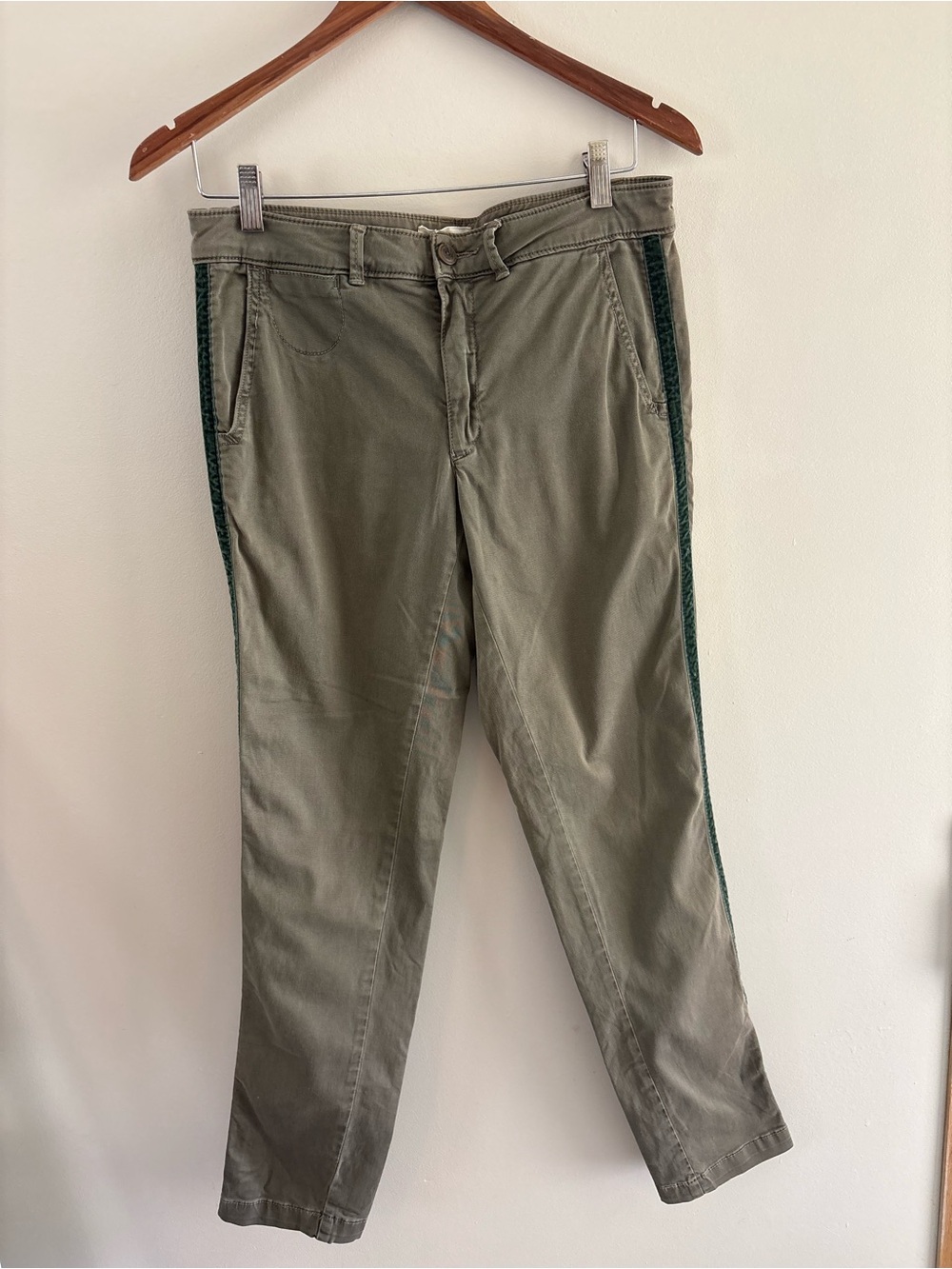 Anthropologie Olive Green Trousers with Dark Green Side Trim